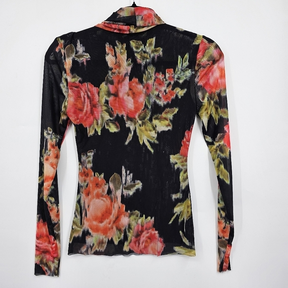 Steve Madden Sheer Floral Mesh Long Sleeve Top XS Stretch Fitted - Picture 3 of 4